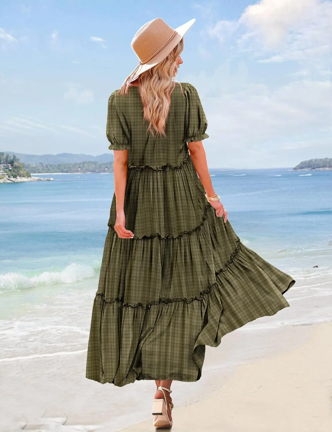 YESNO Summer Casual Bohemian Floral Dresses for Women Puff Short Sleeve Long Maxi Dress with Pockets ETX