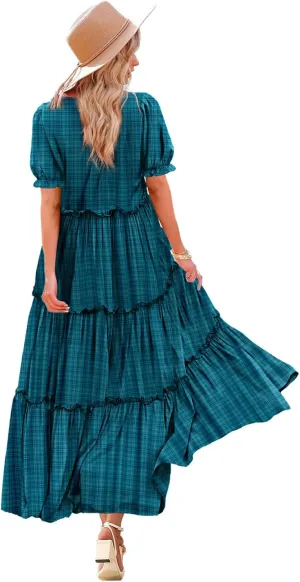YESNO Summer Casual Bohemian Floral Dresses for Women Puff Short Sleeve Long Maxi Dress with Pockets ETX