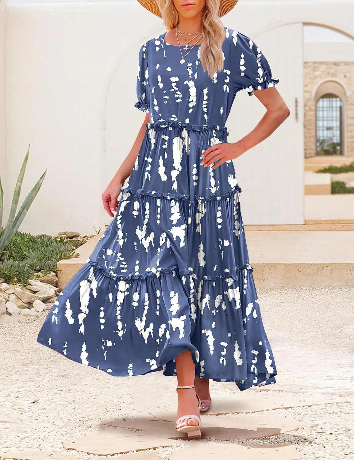 YESNO Summer Casual Bohemian Floral Dresses for Women Puff Short Sleeve Long Maxi Dress with Pockets ETX