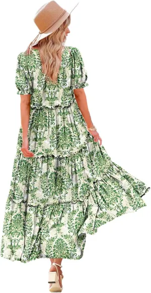 YESNO Summer Casual Bohemian Floral Dresses for Women Puff Short Sleeve Long Maxi Dress with Pockets ETX