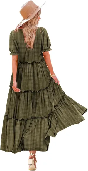 YESNO Summer Casual Bohemian Floral Dresses for Women Puff Short Sleeve Long Maxi Dress with Pockets ETX