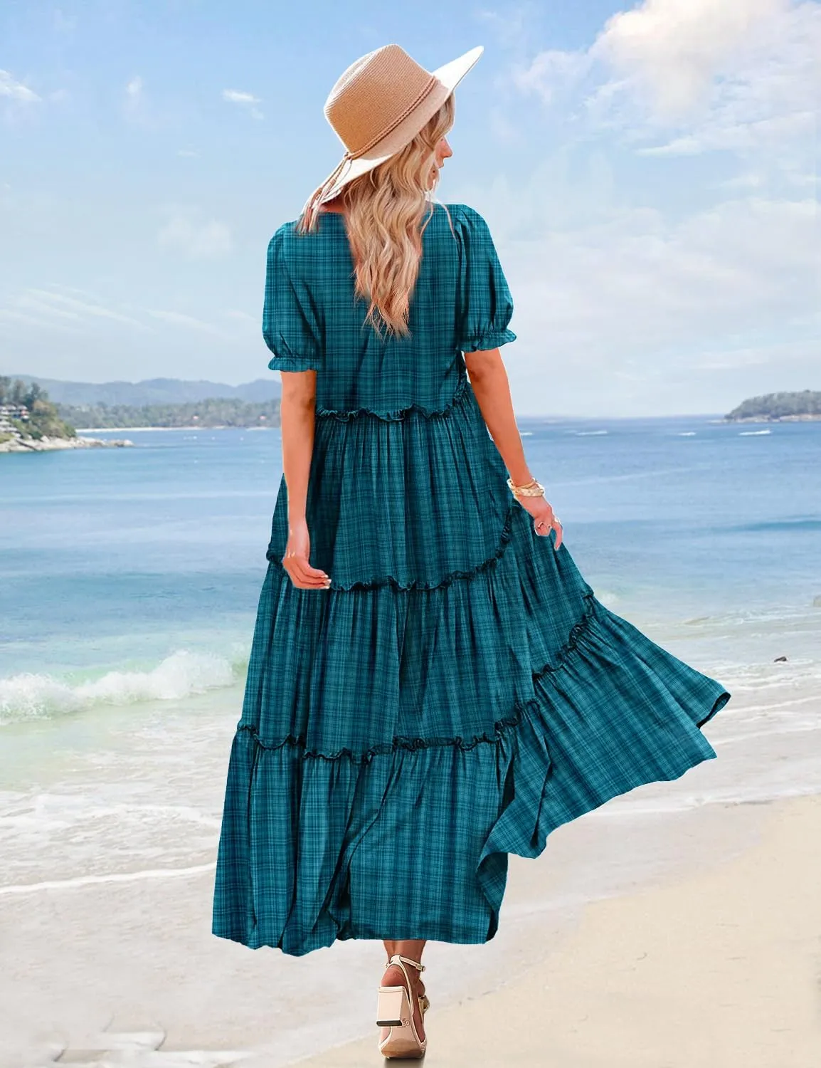 YESNO Summer Casual Bohemian Floral Dresses for Women Puff Short Sleeve Long Maxi Dress with Pockets ETX