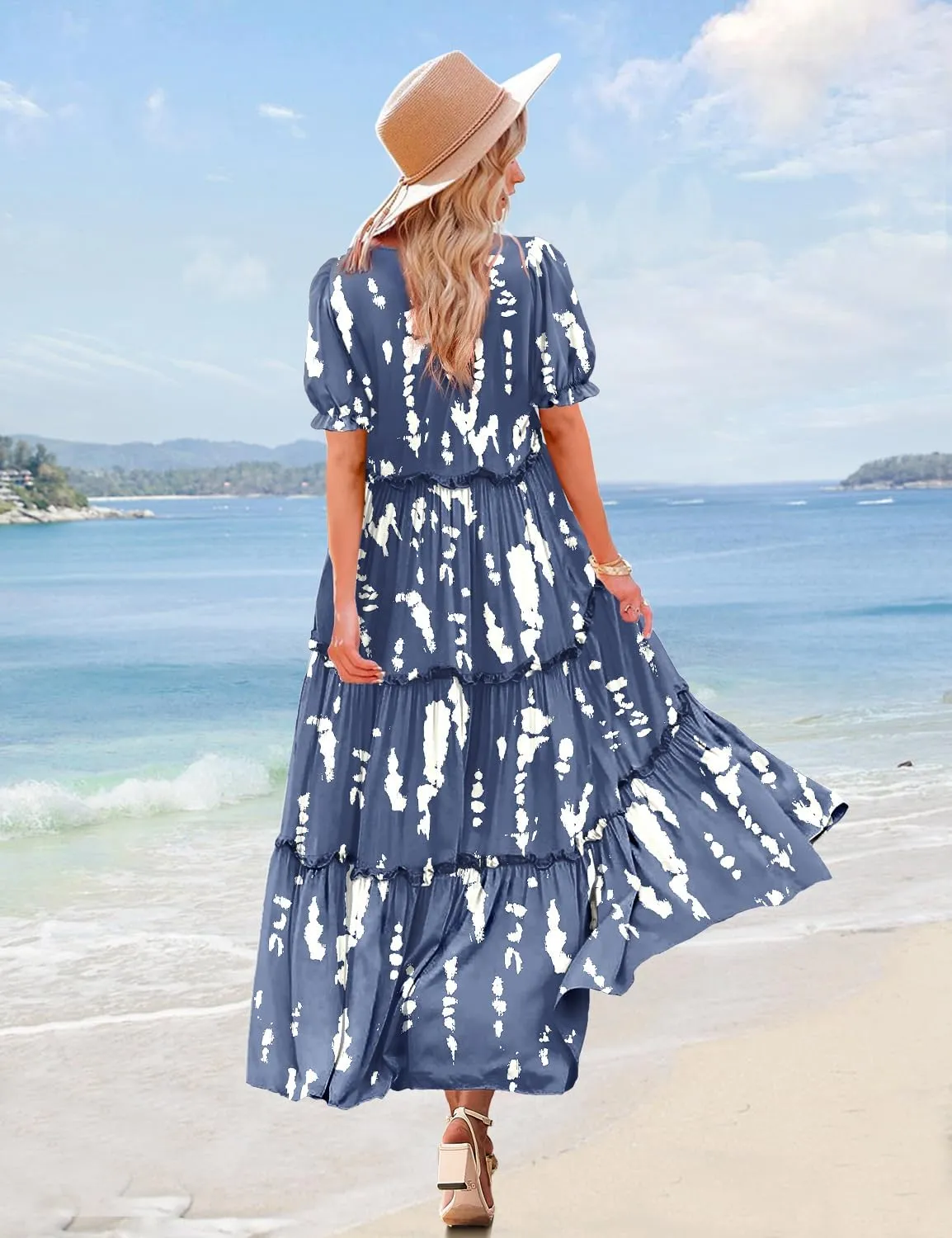 YESNO Summer Casual Bohemian Floral Dresses for Women Puff Short Sleeve Long Maxi Dress with Pockets ETX