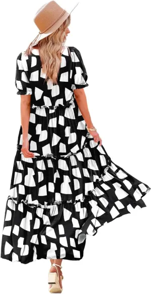YESNO Summer Casual Bohemian Floral Dresses for Women Puff Short Sleeve Long Maxi Dress with Pockets ETX