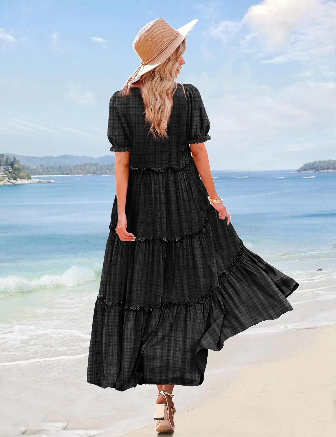 YESNO Summer Casual Bohemian Floral Dresses for Women Puff Short Sleeve Long Maxi Dress with Pockets ETX
