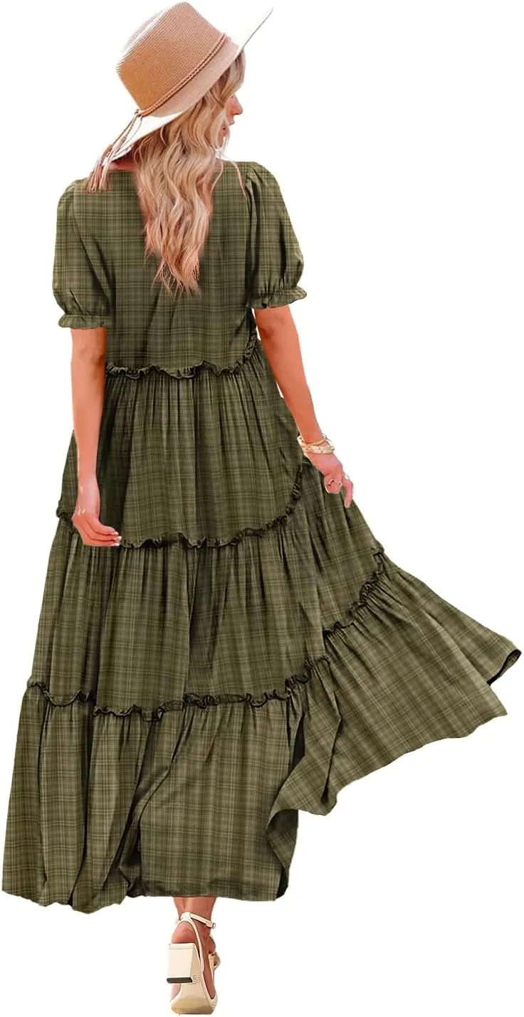 YESNO Summer Casual Bohemian Floral Dresses for Women Puff Short Sleeve Long Maxi Dress with Pockets ETX