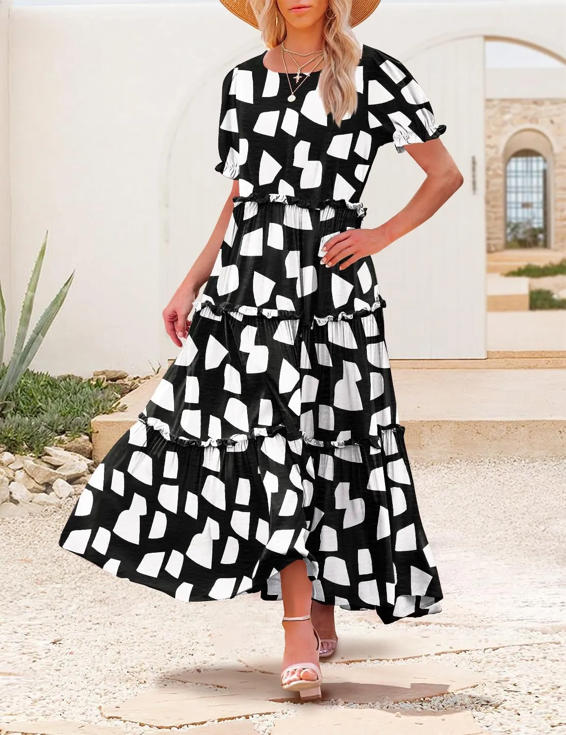 YESNO Summer Casual Bohemian Floral Dresses for Women Puff Short Sleeve Long Maxi Dress with Pockets ETX