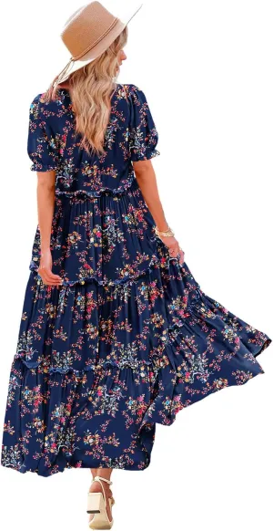 YESNO Summer Casual Bohemian Floral Dresses for Women Puff Short Sleeve Long Maxi Dress with Pockets ETX