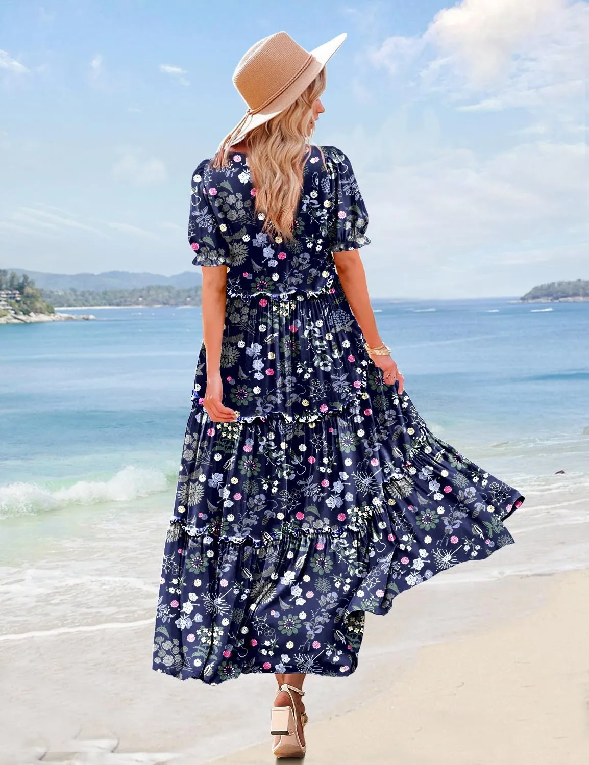 YESNO Summer Casual Bohemian Floral Dresses for Women Puff Short Sleeve Long Maxi Dress with Pockets ETX