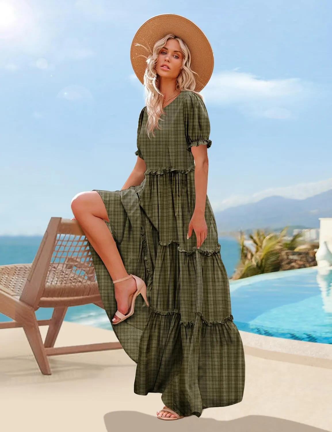 YESNO Summer Casual Bohemian Floral Dresses for Women Puff Short Sleeve Long Maxi Dress with Pockets ETX