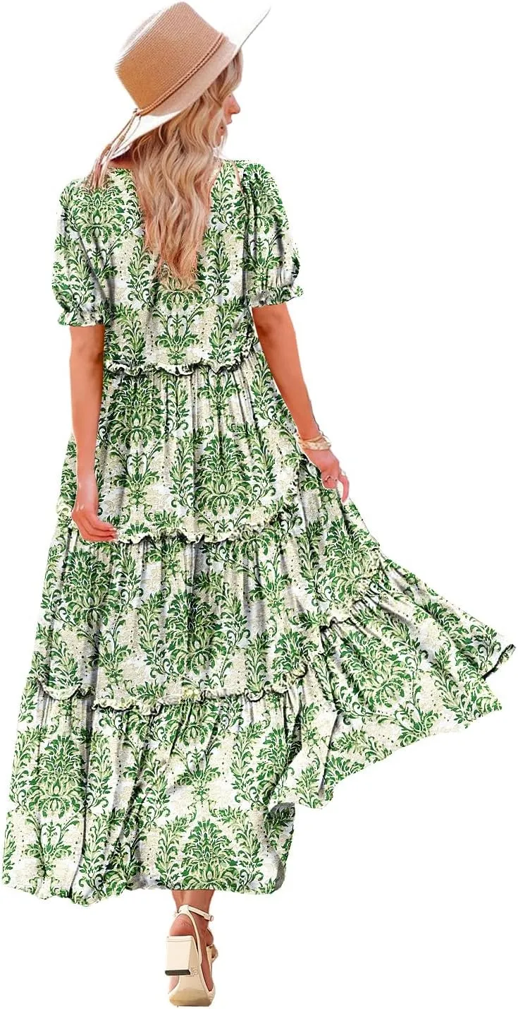YESNO Summer Casual Bohemian Floral Dresses for Women Puff Short Sleeve Long Maxi Dress with Pockets ETX