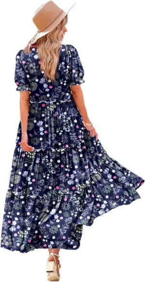 YESNO Summer Casual Bohemian Floral Dresses for Women Puff Short Sleeve Long Maxi Dress with Pockets ETX
