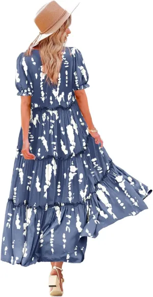 YESNO Summer Casual Bohemian Floral Dresses for Women Puff Short Sleeve Long Maxi Dress with Pockets ETX