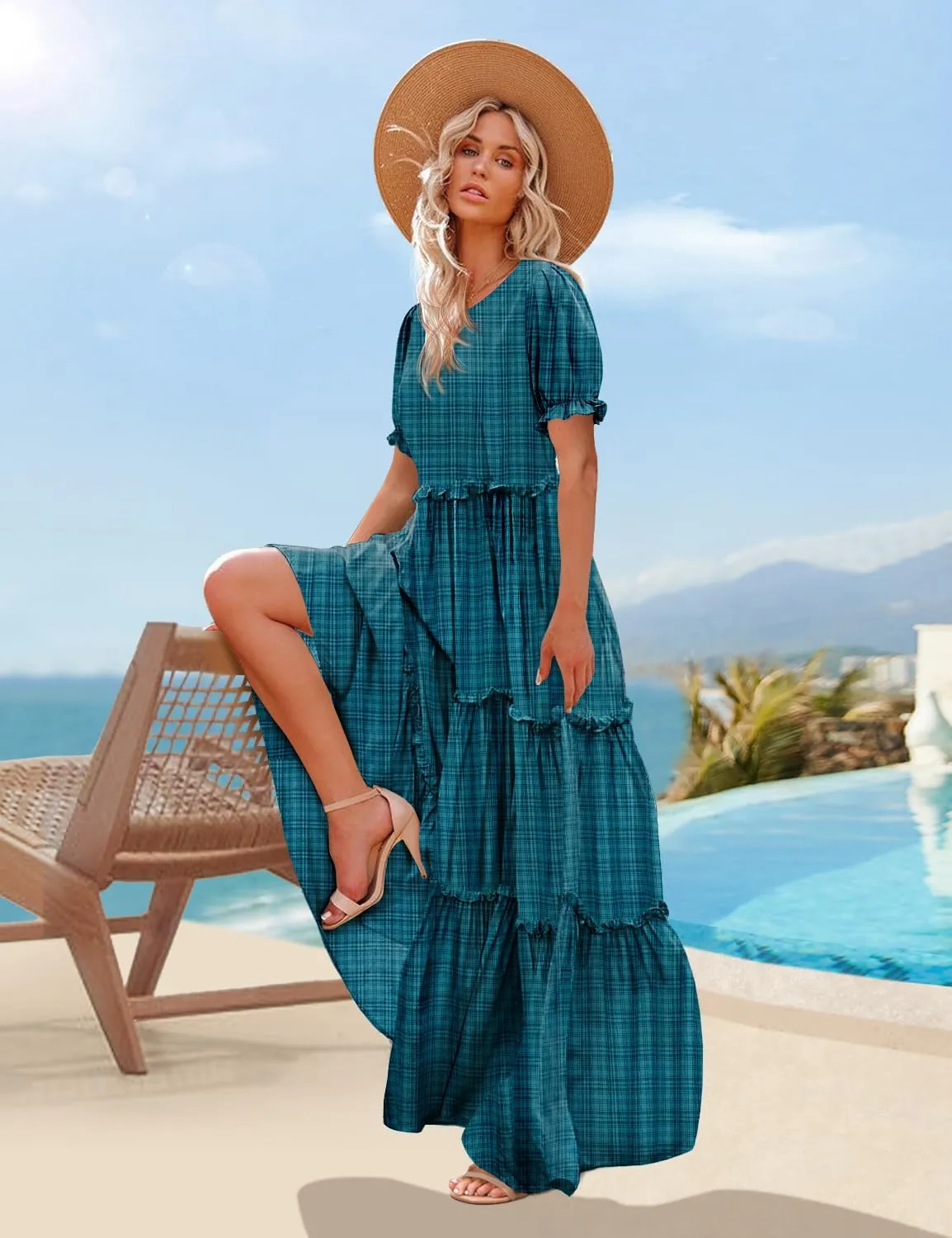 YESNO Summer Casual Bohemian Floral Dresses for Women Puff Short Sleeve Long Maxi Dress with Pockets ETX