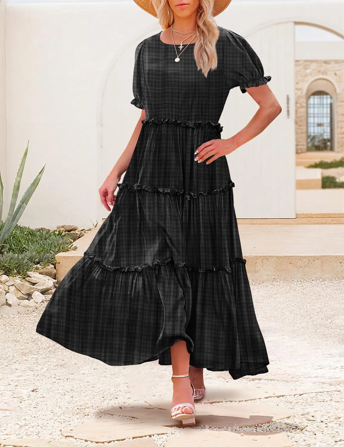 YESNO Summer Casual Bohemian Floral Dresses for Women Puff Short Sleeve Long Maxi Dress with Pockets ETX