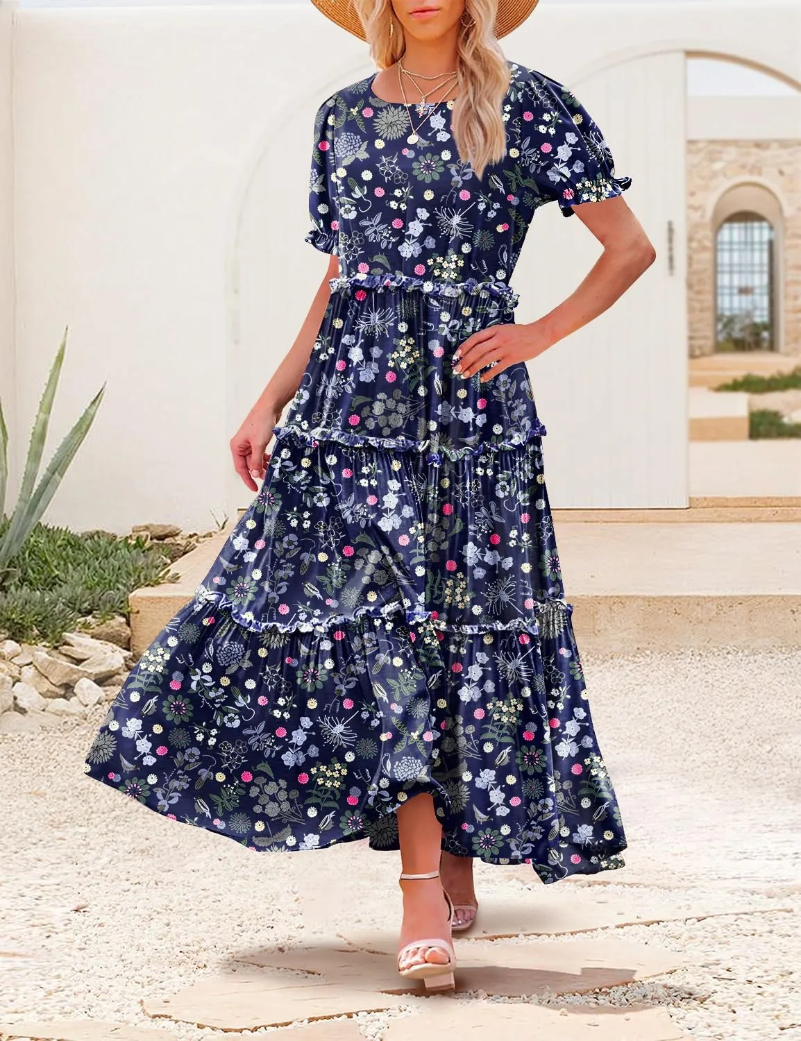 YESNO Summer Casual Bohemian Floral Dresses for Women Puff Short Sleeve Long Maxi Dress with Pockets ETX