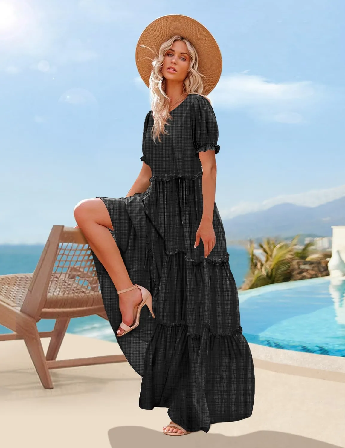 YESNO Summer Casual Bohemian Floral Dresses for Women Puff Short Sleeve Long Maxi Dress with Pockets ETX