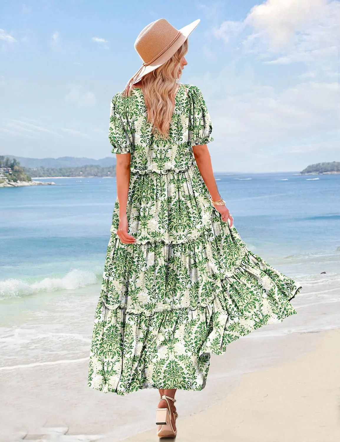 YESNO Summer Casual Bohemian Floral Dresses for Women Puff Short Sleeve Long Maxi Dress with Pockets ETX