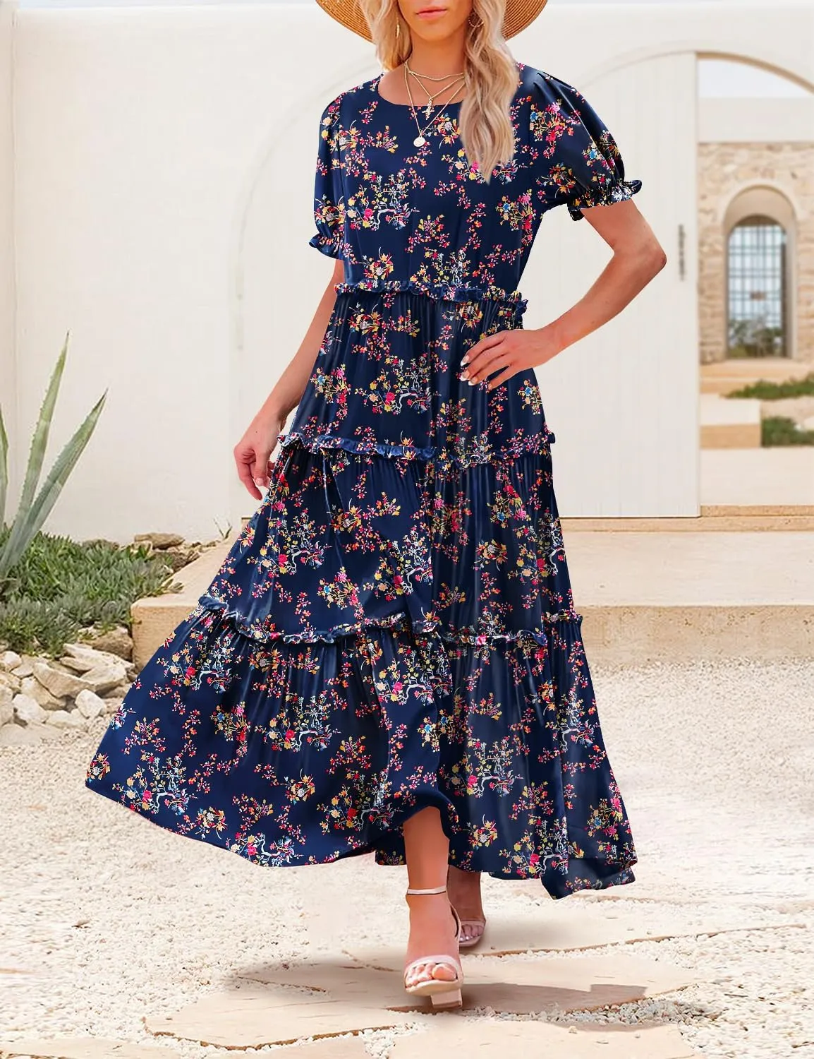 YESNO Summer Casual Bohemian Floral Dresses for Women Puff Short Sleeve Long Maxi Dress with Pockets ETX