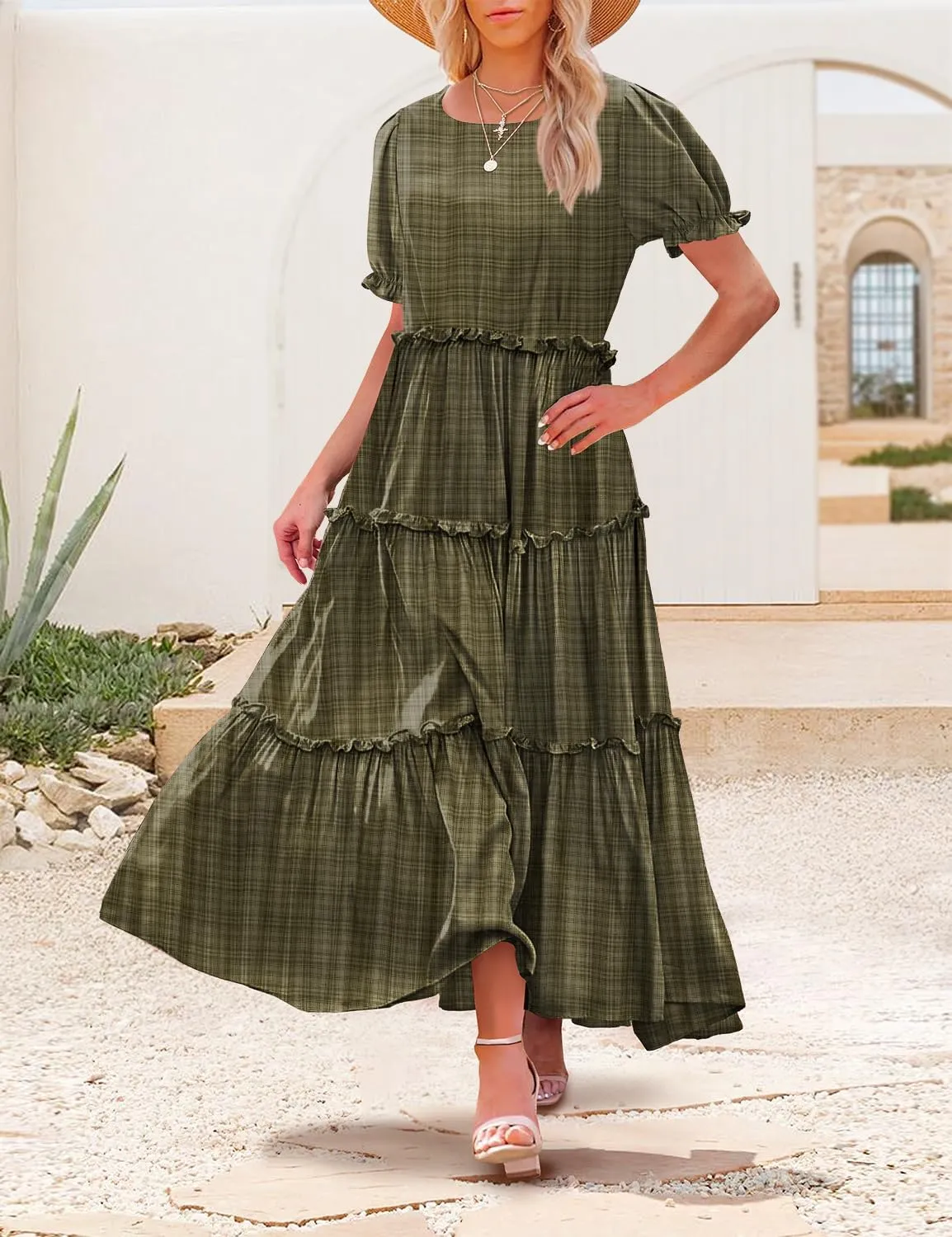 YESNO Summer Casual Bohemian Floral Dresses for Women Puff Short Sleeve Long Maxi Dress with Pockets ETX