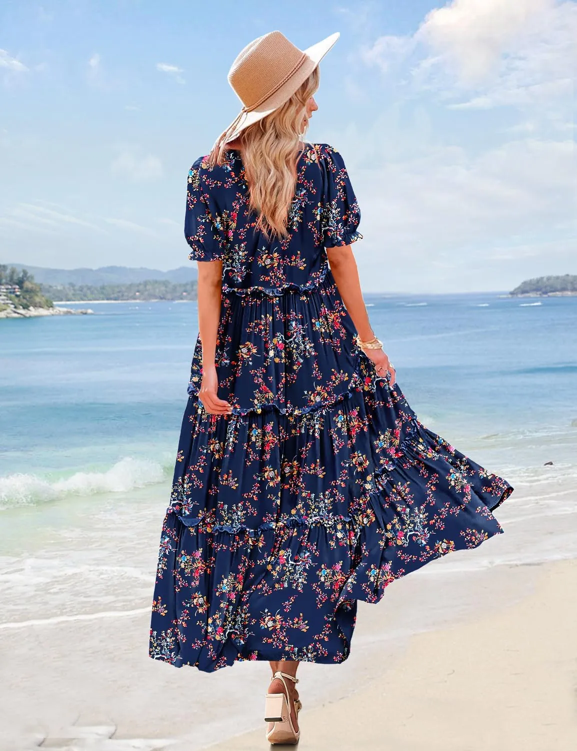 YESNO Summer Casual Bohemian Floral Dresses for Women Puff Short Sleeve Long Maxi Dress with Pockets ETX