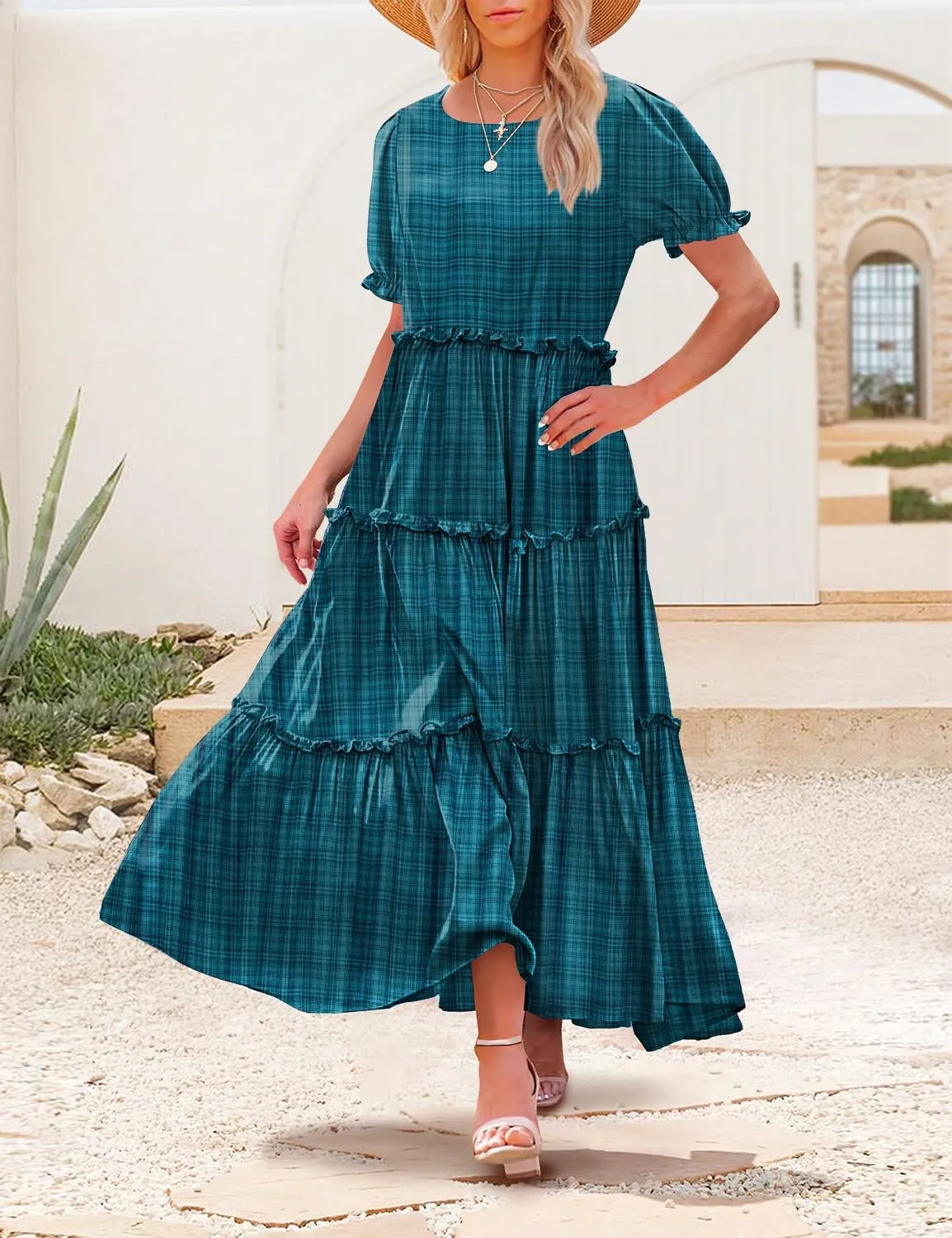 YESNO Summer Casual Bohemian Floral Dresses for Women Puff Short Sleeve Long Maxi Dress with Pockets ETX