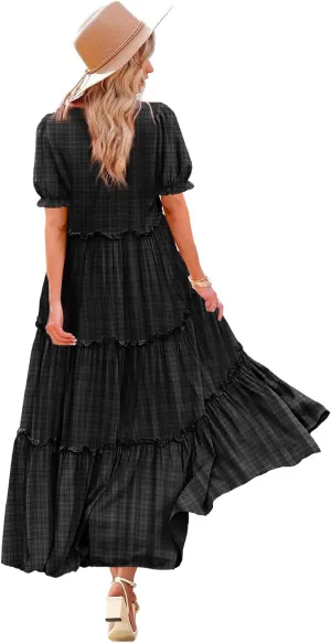 YESNO Summer Casual Bohemian Floral Dresses for Women Puff Short Sleeve Long Maxi Dress with Pockets ETX
