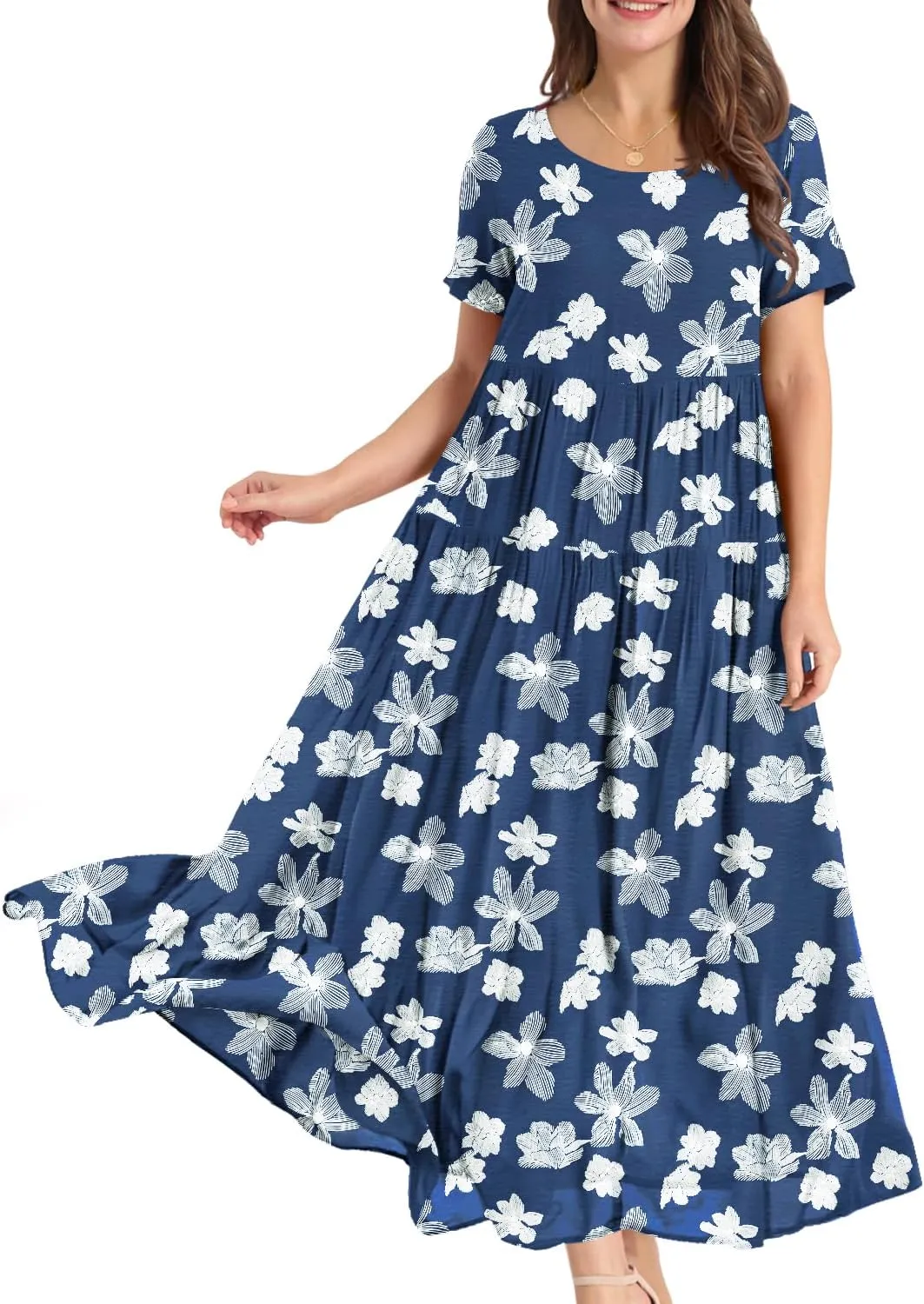 YESNO Women Casual Loose Bohemian Floral Dress with Pockets Short Sleeve Long Maxi Summer Beach Swing Dress EJF