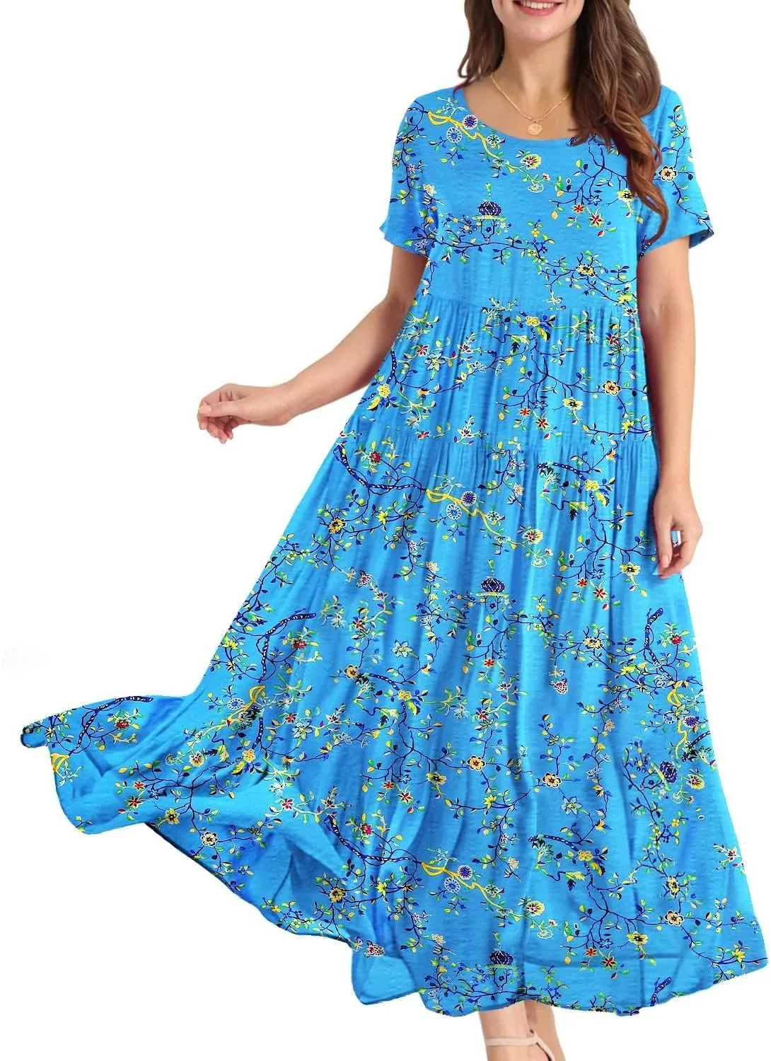 YESNO Women Casual Loose Bohemian Floral Dress with Pockets Short Sleeve Long Maxi Summer Beach Swing Dress EJF