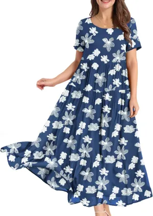 YESNO Women Casual Loose Bohemian Floral Dress with Pockets Short Sleeve Long Maxi Summer Beach Swing Dress EJF