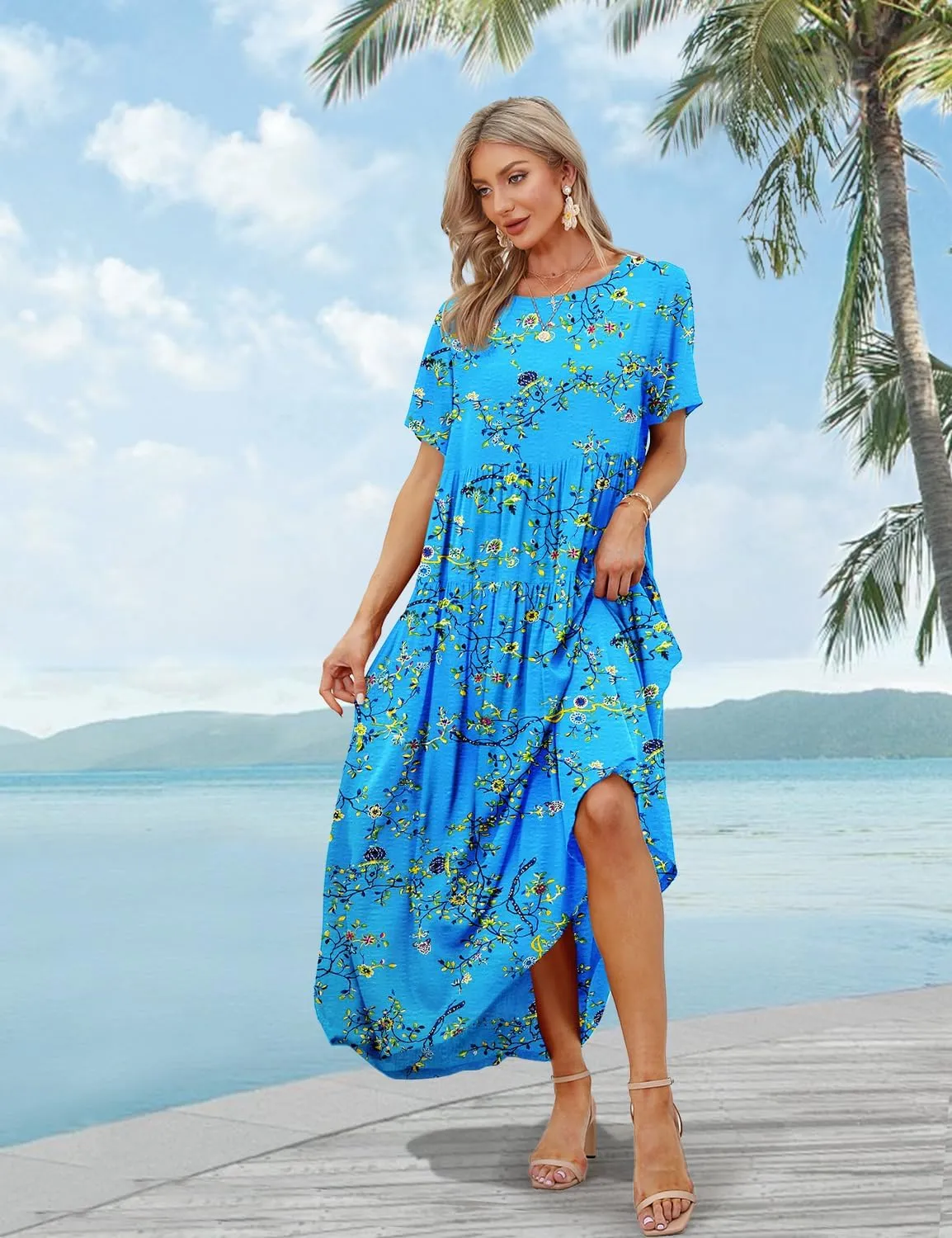 YESNO Women Casual Loose Bohemian Floral Dress with Pockets Short Sleeve Long Maxi Summer Beach Swing Dress EJF