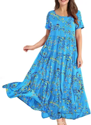 YESNO Women Casual Loose Bohemian Floral Dress with Pockets Short Sleeve Long Maxi Summer Beach Swing Dress EJF