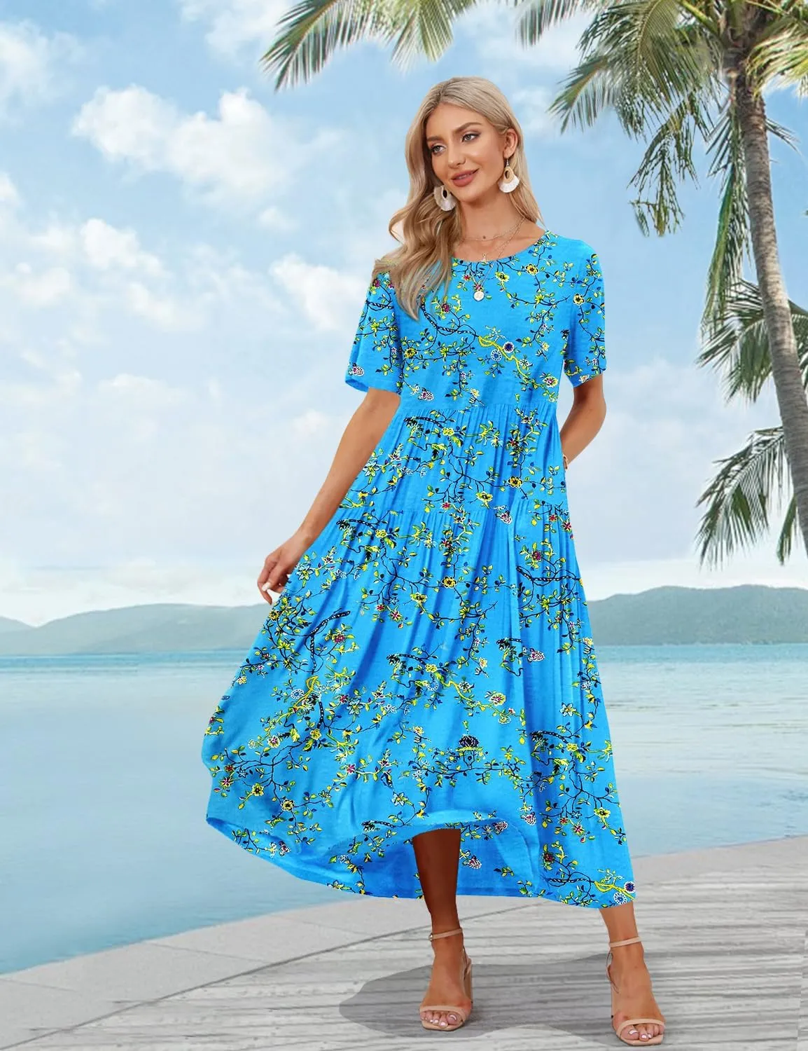 YESNO Women Casual Loose Bohemian Floral Dress with Pockets Short Sleeve Long Maxi Summer Beach Swing Dress EJF