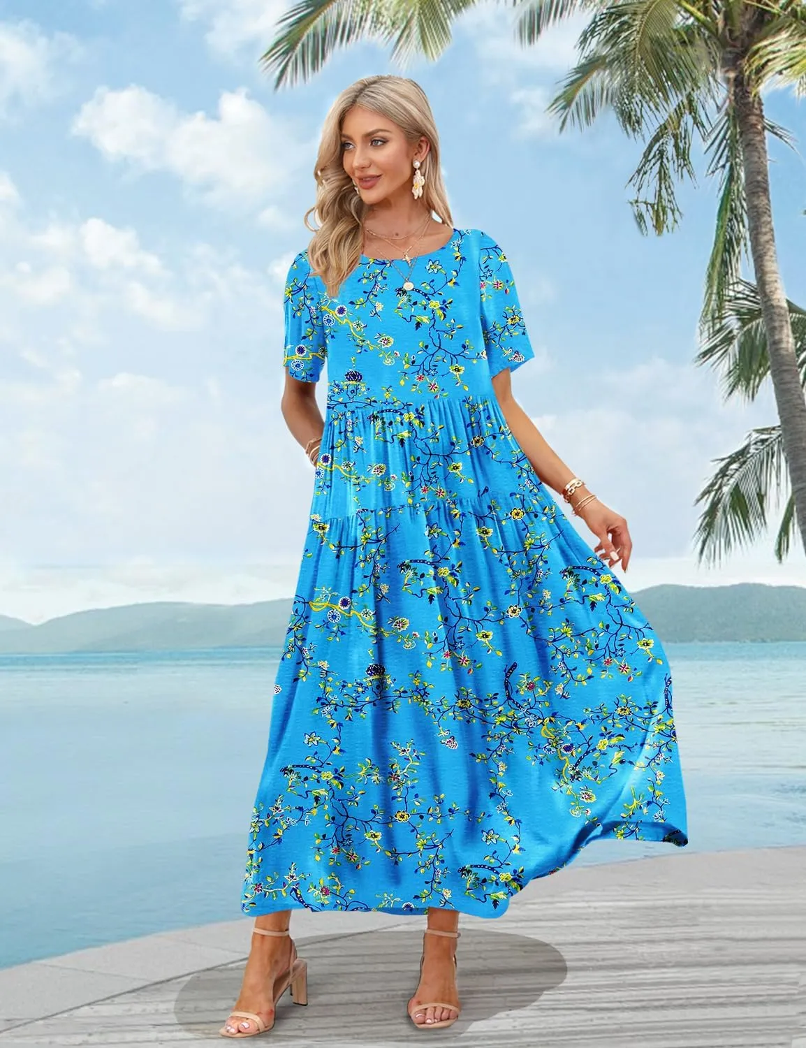 YESNO Women Casual Loose Bohemian Floral Dress with Pockets Short Sleeve Long Maxi Summer Beach Swing Dress EJF