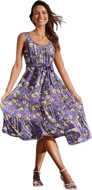 YESNO Women's Summer Casual Sleeveless Midi Dresses Boho Floral Tiered Sundresses with Pockets EMV