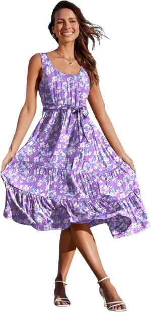 YESNO Women's Summer Casual Sleeveless Midi Dresses Boho Floral Tiered Sundresses with Pockets EMV