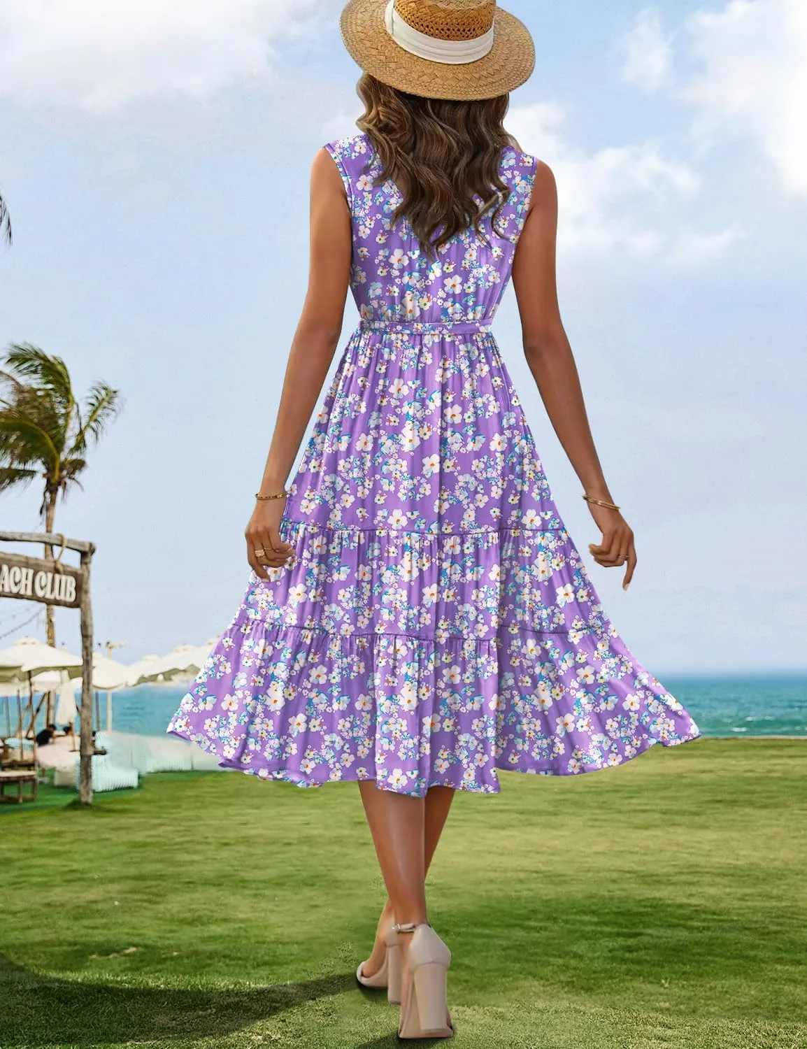 YESNO Women's Summer Casual Sleeveless Midi Dresses Boho Floral Tiered Sundresses with Pockets EMV
