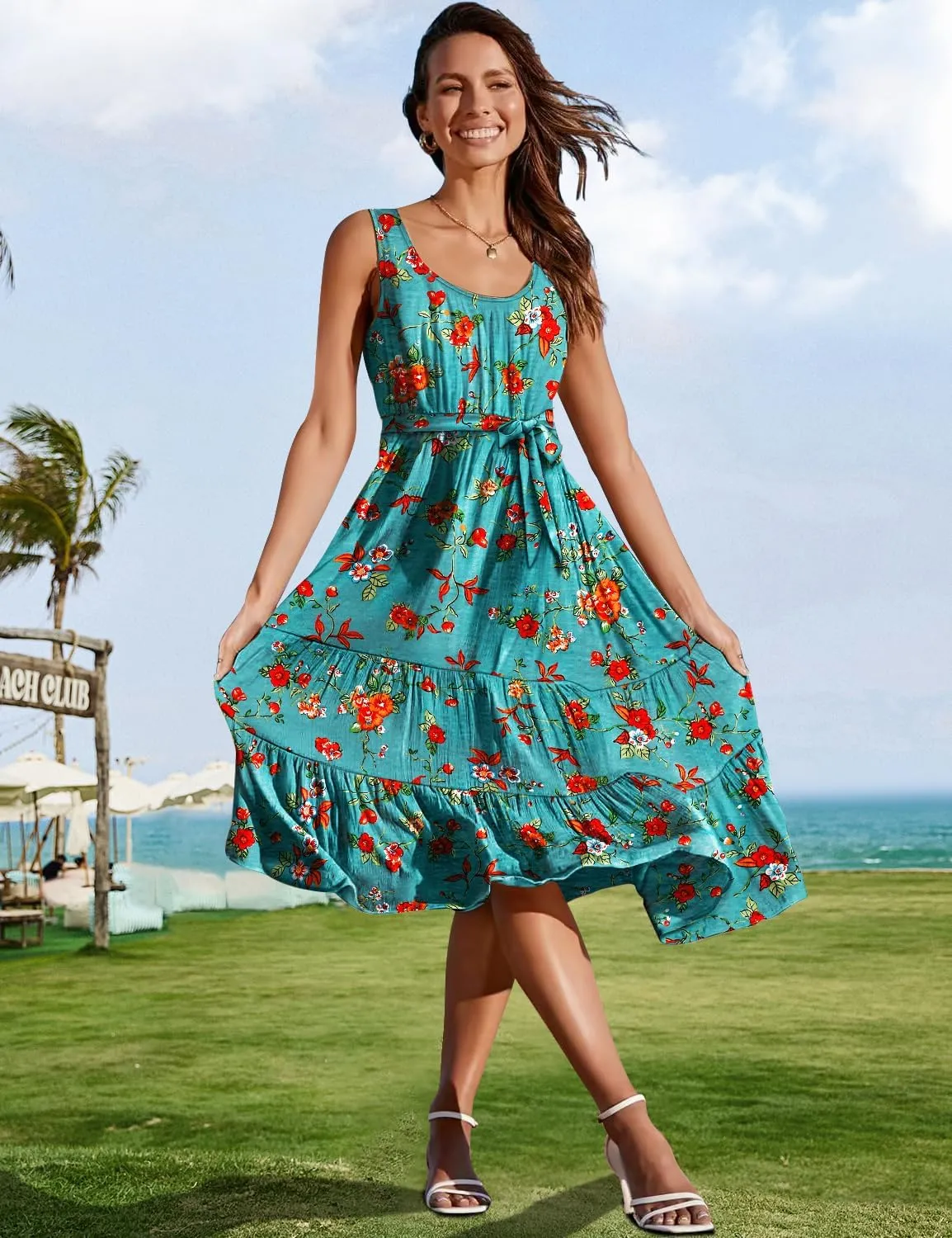 YESNO Women's Summer Casual Sleeveless Midi Dresses Boho Floral Tiered Sundresses with Pockets EMV