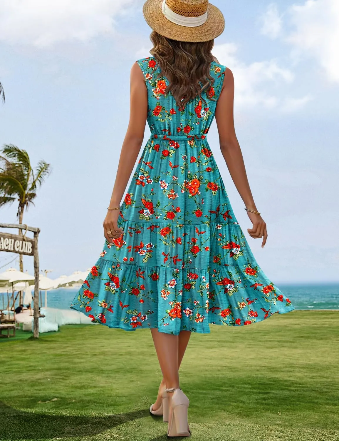 YESNO Women's Summer Casual Sleeveless Midi Dresses Boho Floral Tiered Sundresses with Pockets EMV
