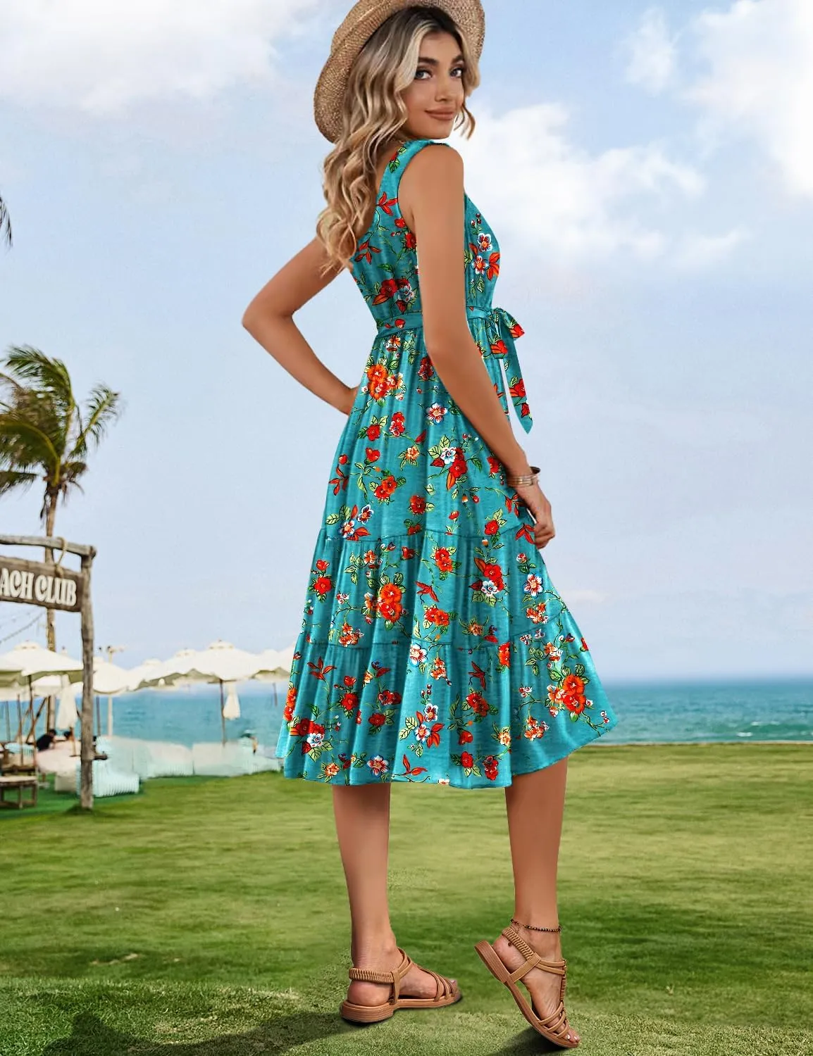 YESNO Women's Summer Casual Sleeveless Midi Dresses Boho Floral Tiered Sundresses with Pockets EMV