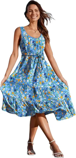 YESNO Women's Summer Casual Sleeveless Midi Dresses Boho Floral Tiered Sundresses with Pockets EMV