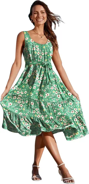 YESNO Women's Summer Casual Sleeveless Midi Dresses Boho Floral Tiered Sundresses with Pockets EMV