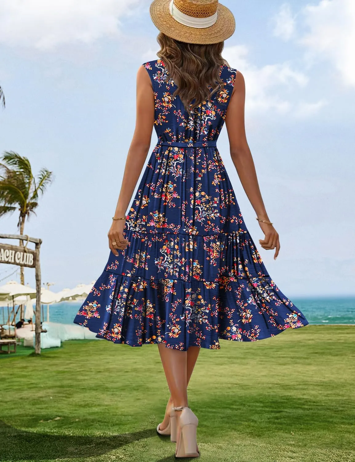 YESNO Women's Summer Casual Sleeveless Midi Dresses Boho Floral Tiered Sundresses with Pockets EMV