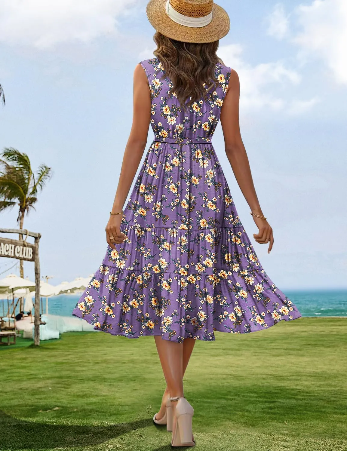 YESNO Women's Summer Casual Sleeveless Midi Dresses Boho Floral Tiered Sundresses with Pockets EMV