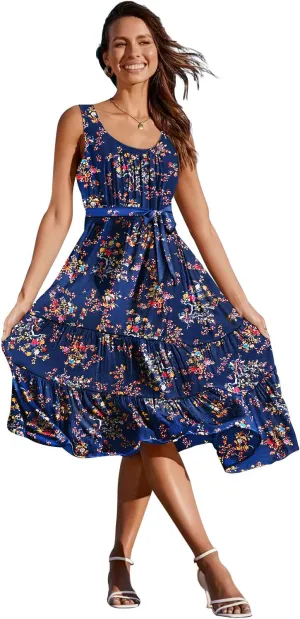 YESNO Women's Summer Casual Sleeveless Midi Dresses Boho Floral Tiered Sundresses with Pockets EMV