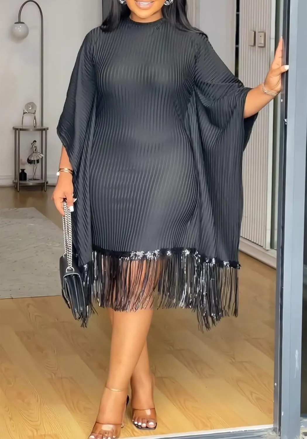 YOOTIKO Women Elegant Midi Dress Formal Wedding Guest Party Plus Size Sequin Fringe Ribbed Dresses