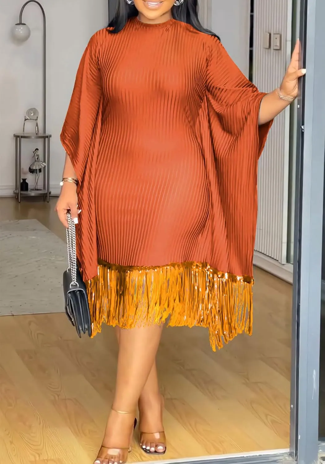 YOOTIKO Women Elegant Midi Dress Formal Wedding Guest Party Plus Size Sequin Fringe Ribbed Dresses