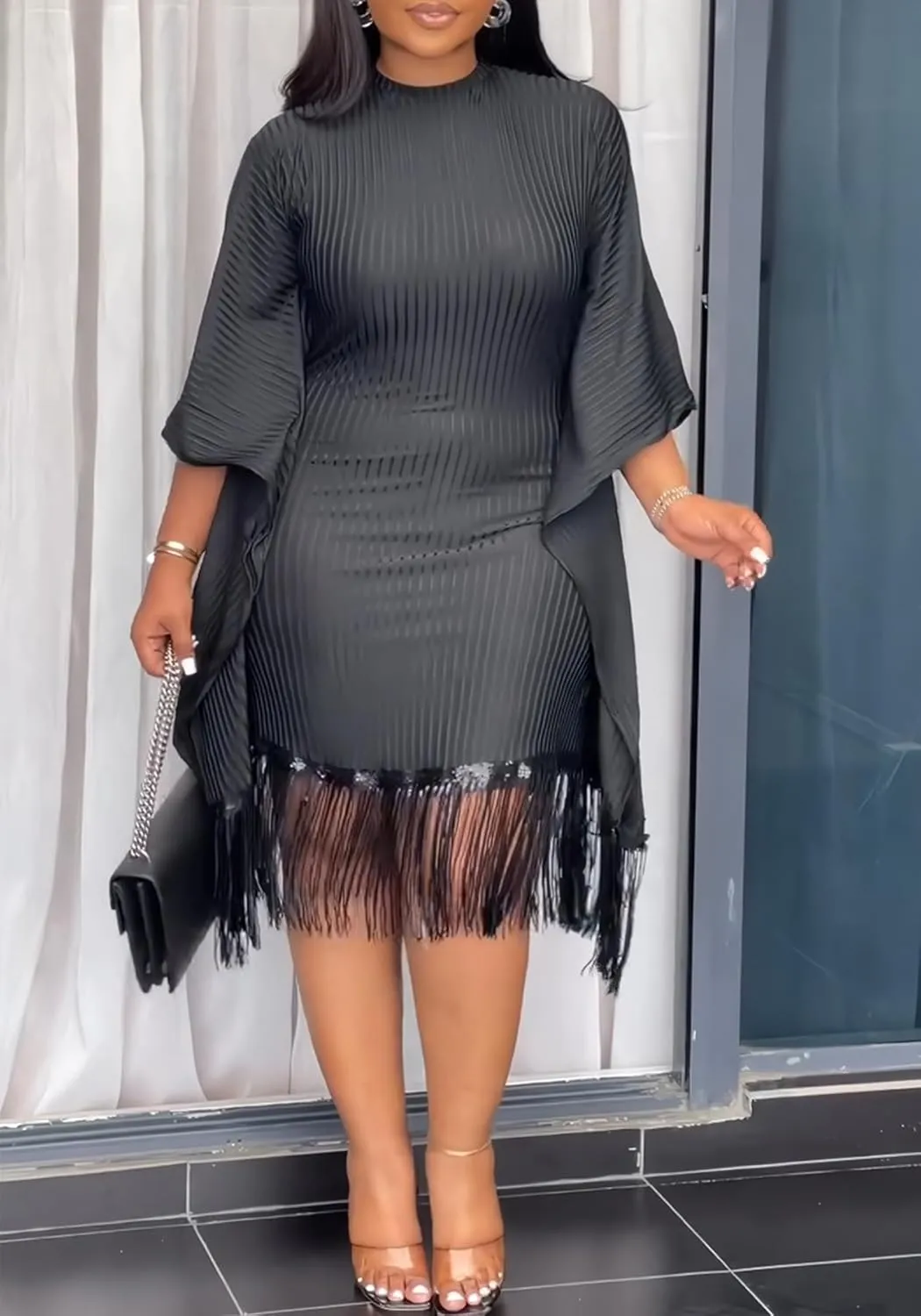YOOTIKO Women Elegant Midi Dress Formal Wedding Guest Party Plus Size Sequin Fringe Ribbed Dresses