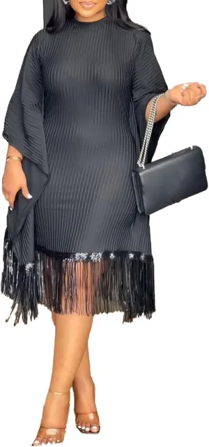 YOOTIKO Women Elegant Midi Dress Formal Wedding Guest Party Plus Size Sequin Fringe Ribbed Dresses