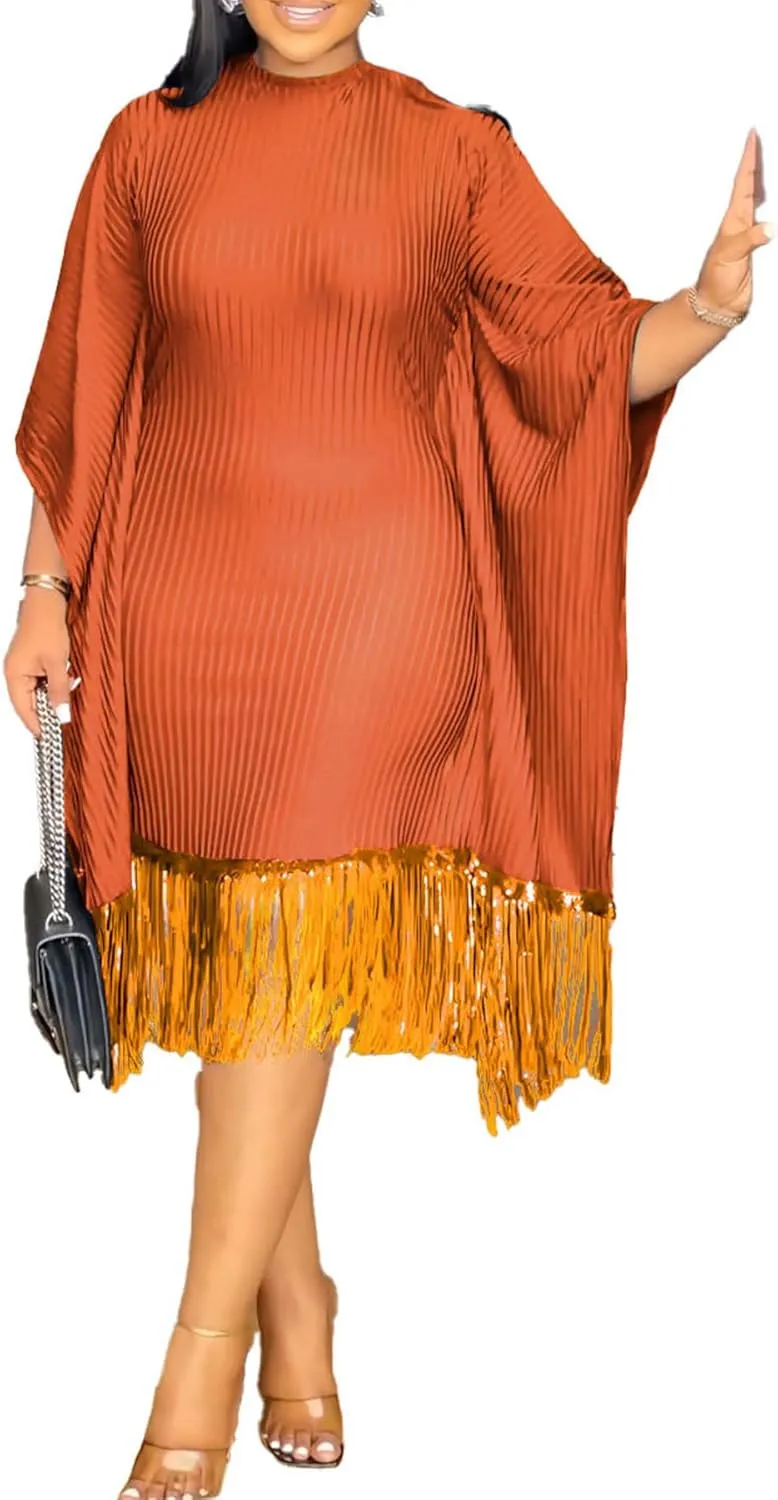 YOOTIKO Women Elegant Midi Dress Formal Wedding Guest Party Plus Size Sequin Fringe Ribbed Dresses